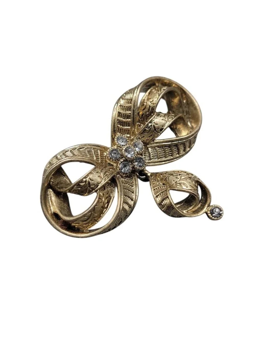 Bow Brooch Etched Multi Loop Dangling Design Rhinestone Accented Pin